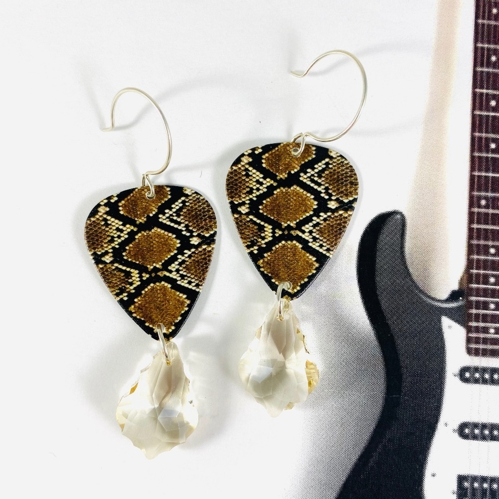 Killer cool snake skin print guitar pick earrings with Champagne crystal drops